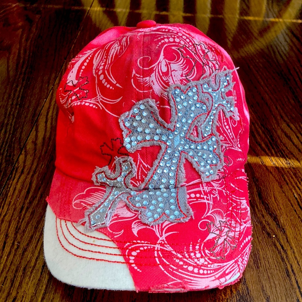 Distressed red and grey cross ball cap.